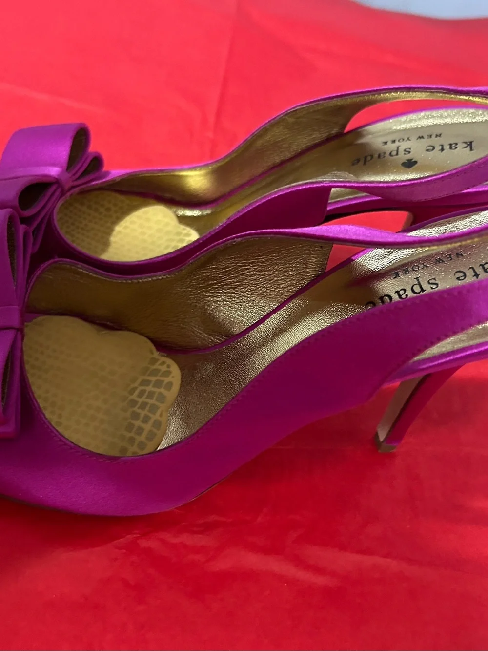 kate spade fuchsia satin bow peep-toe slingback heels